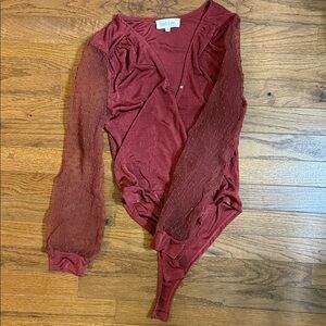 Peach Love California Maroon Sheer Sleeve Bodysuit